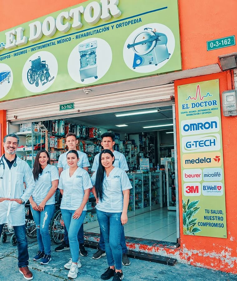 El equipo de El Doctor en la puerta de su sucursal, bajo el rótulo del local